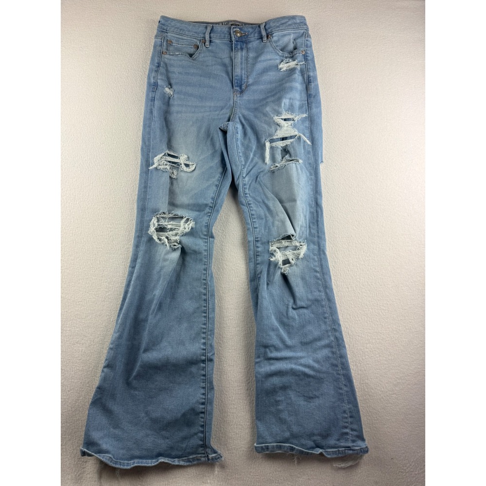 American Eagle Super Hi-Rise Flare Jeans Womens 10 Light Wash Distressed Raw Hem - Picture 1 of 10